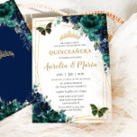 Twins Quinceañera Emerald Green Navy Blue Floral Invitation<br><div class="desc">Personalize this lovely quinceañera invitation with own wording easily and quickly,  simply press the customize it button to further re-arrange and format the style and placement of the text.  Matching items available in store!  (c) The Happy Cat Studio</div>