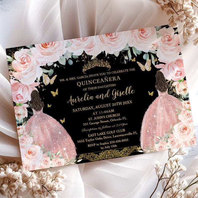 Twins Quinceañera Princess Blush Floral Gold Black Invitation (elegant-blush-pink-floral-twins-princesses-rose-gold-dress-brunette-joint-sisters-quinceanera invite)