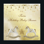 Twins Rocking Horses Neutral Christmas Baby Shower Invitation<br><div class="desc">Beautiful classy neutral gold Twins Christmas Baby Shower invites with elegant white and gold rocking horses, pretty gold star, sparkle hanging ornaments and bows on a glamourous, beautiful golden gradient background. Chic, stylish, modern festive invitations with a romantic vintage elegance feel. All text is fully customizable to meet your needs....</div>