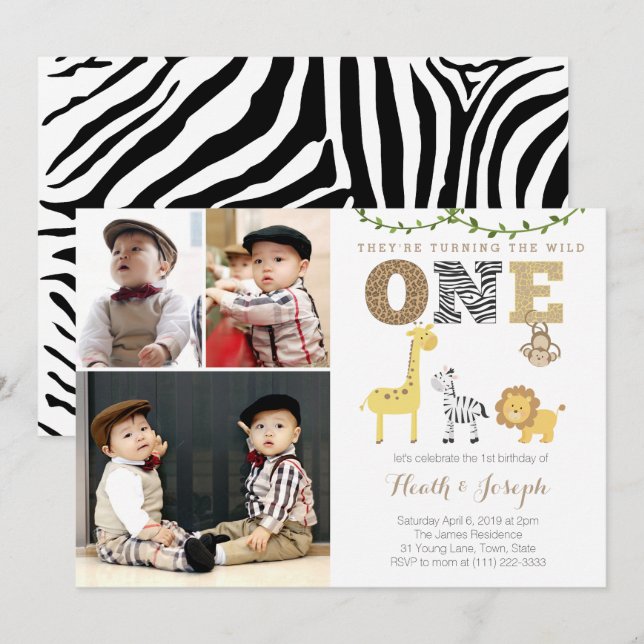 Twins Safari 1st Birthday Party, Multiple Photos Invitation (Front/Back)