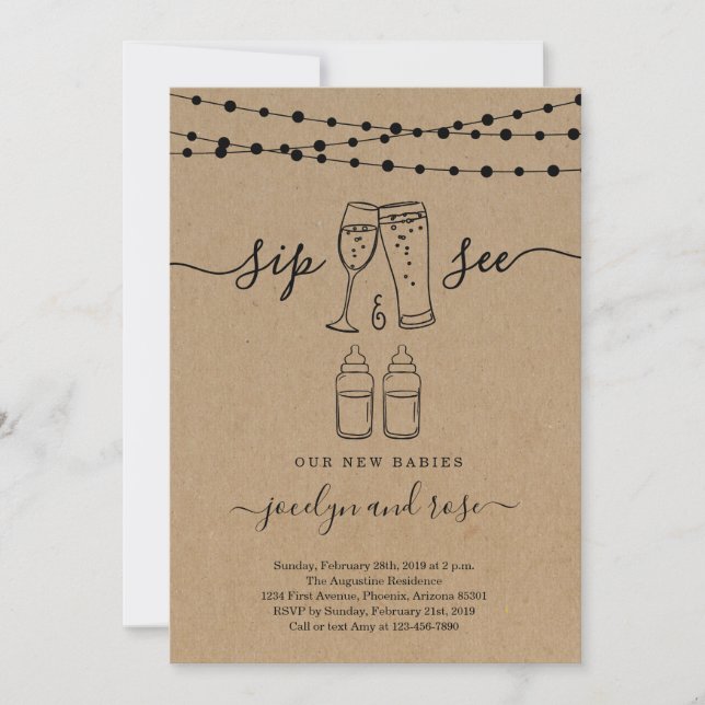 Twins Sip & See Bubbles & Brews Invitation (Front)