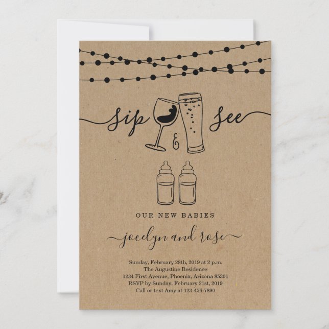 Twins Sip & See Wine & Beer Toast Invitation (Front)