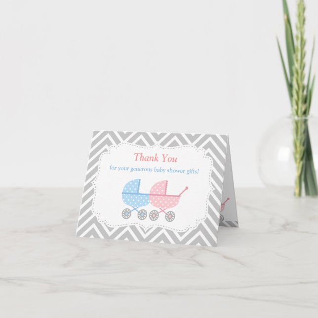 Twins Strollers Baby Shower Thank You Card (Front)