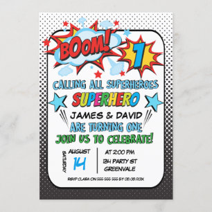 Twins Superhero 1er anniversaire Invitation
