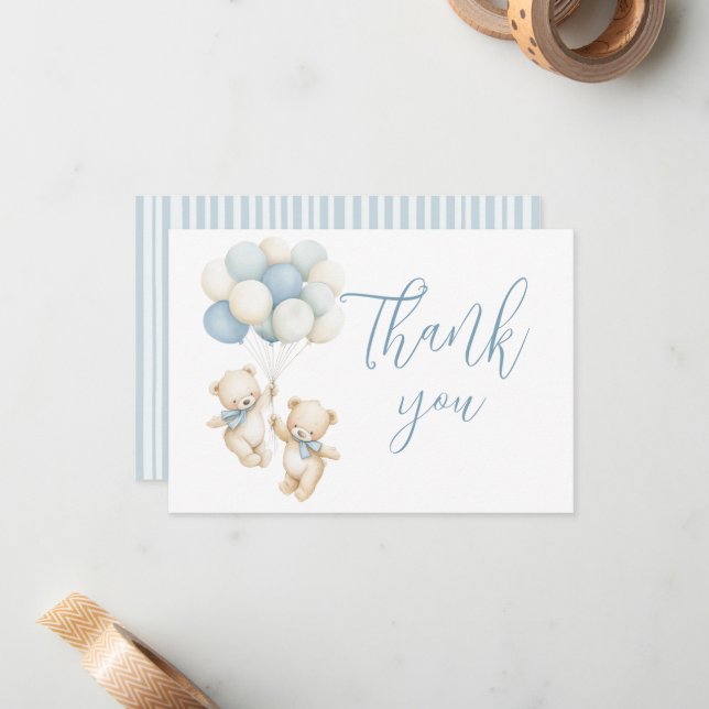 Twins Teddy Bear Baby Shower Thank You Card (Front/Back In Situ)