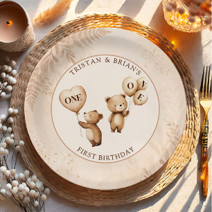 Twins Teddy Bear Balloons 1stBirthday Paper Plates