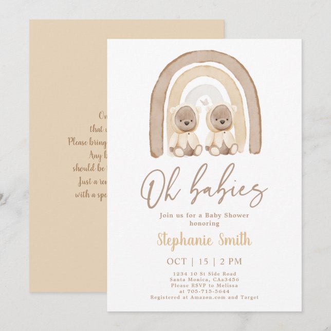 Twins Teddy bear Rainbow Baby shower Invitation (Devant / Derrière)