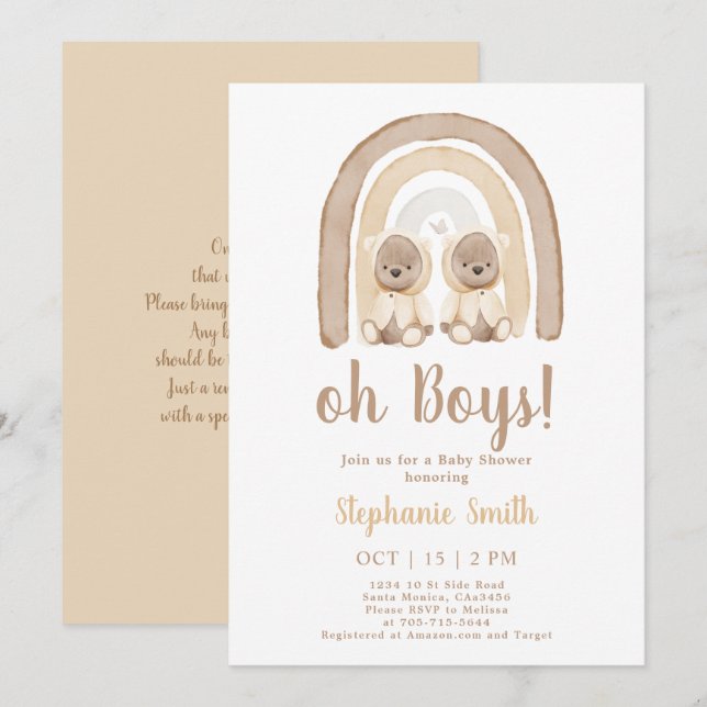Twins Teddy bear Rainbow Baby shower Invitation (Devant / Derrière)