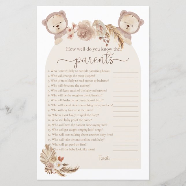 Twins Teddy Bear Who Knows the Parents Shower Game (Front)