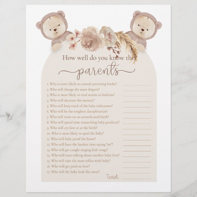 Twins Teddy Bear Who Knows the Parents Shower Game (Front)