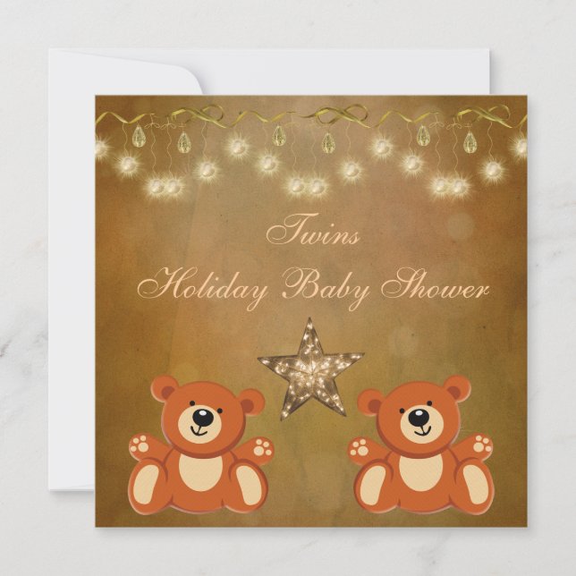 Twins Teddy Bears Neutral Christmas Baby Shower Invitation (Front)