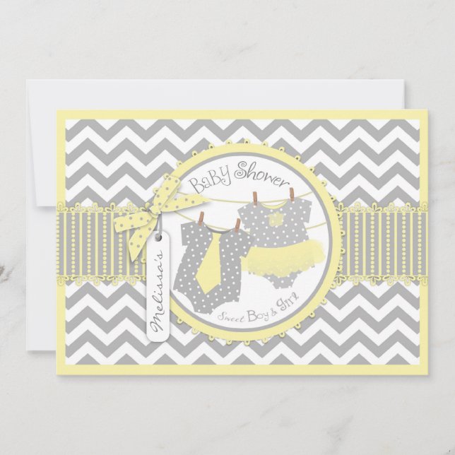 Twins Tie Tutu Chevron Baby Shower Invitation (Front)