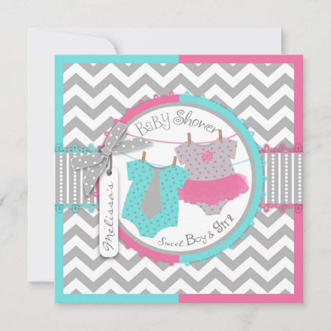 Twins Tie Tutu Chevron Baby Shower Invitation (Front)