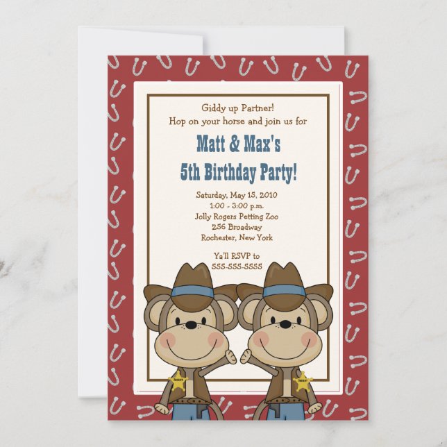 TWINS Twin Boys Western Cowboy Monkey 5x7 Birthday Invitation (Front)