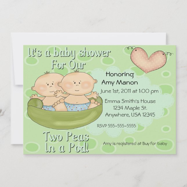 Twins two peas in a pod baby shower invitation (Front)