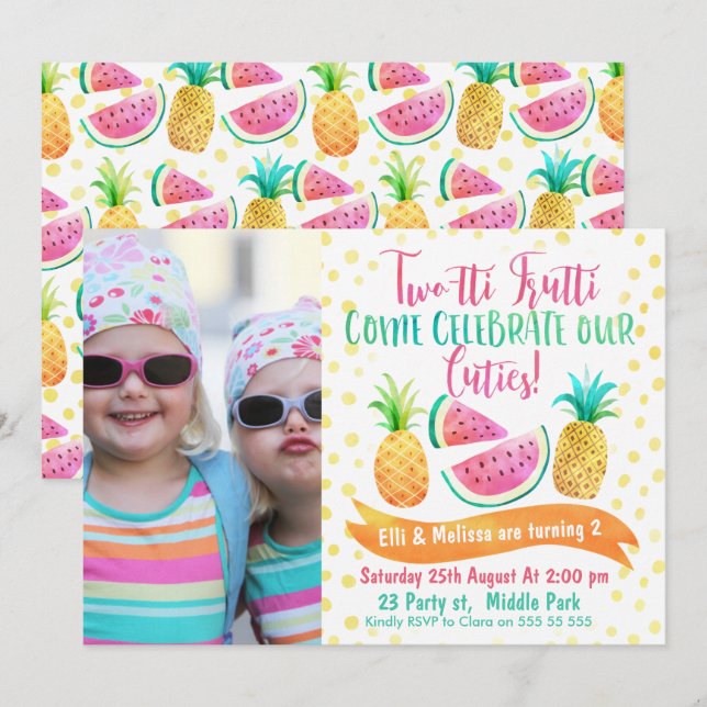 Twins Two-tti Frutti Photo 2nd Birthday Invitation (Front/Back)
