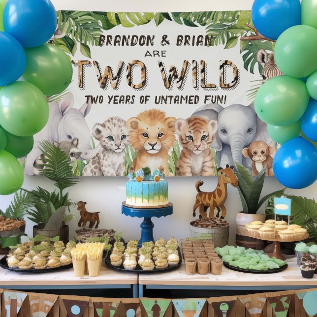 Twins Two wild Jungle Animal 2nd birthday Backdrop Banner (Twins Two Wild BIrthday Welcome Sign)
