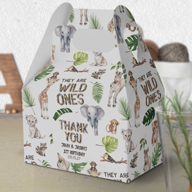 Twins Wild One Baby Boys 1st birthday Safari  Favor Box (Twins Baby Boys 1st birthday, Wild One Safari Animals Themed Birthday  favor box.)