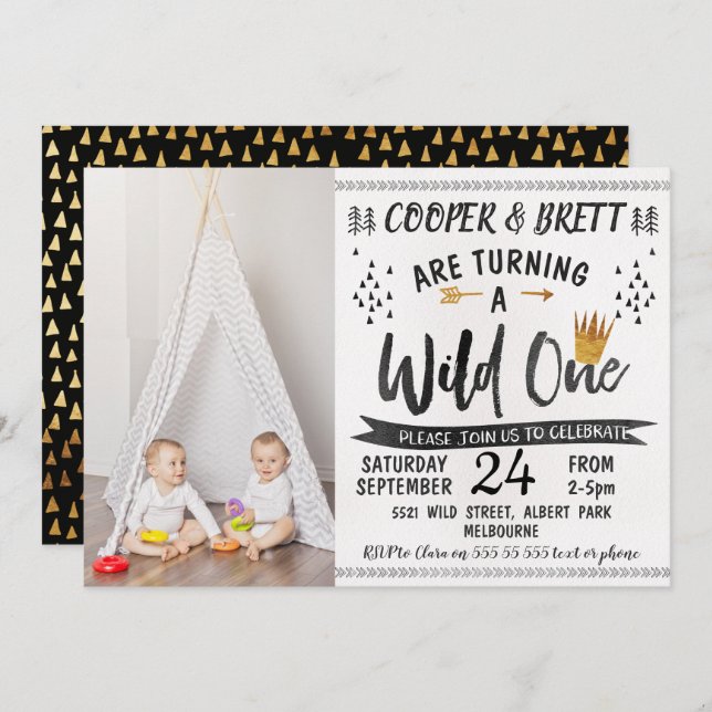 Twins Wild One Photo 1st Birthday Invitation (Front/Back)