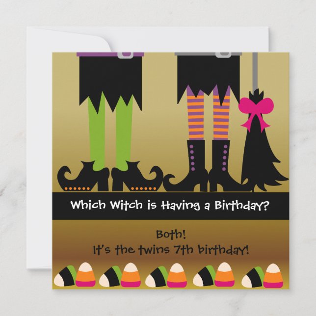 Twins Witch Halloween Birthday Party Invite (Front)