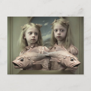 Twins With Pink Fish Horror Postcard