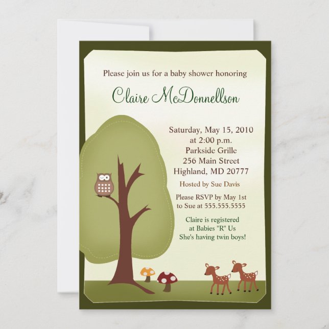 TWINS Woodland Forest 5x7 Baby shower Invitation (Devant)