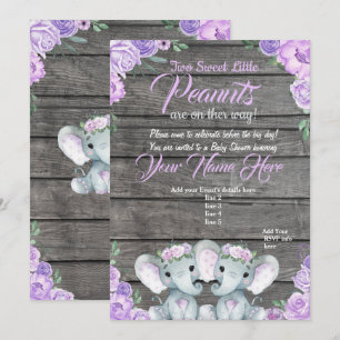 twinsElephant Baby shower Invitation rustique viol