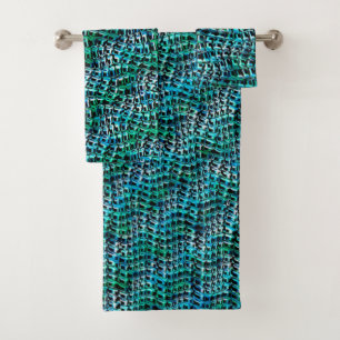 Twisted and wavy burlap sack mesh, greenish cyan bath towel set