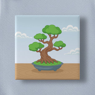 Twisted Japanese Bonsai Tree on Table 2 Inch Square Button