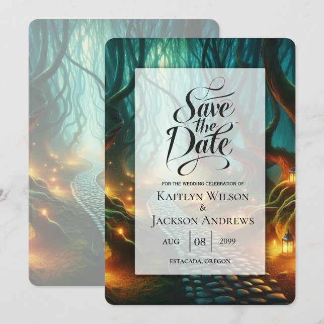 Twisted Woodland Lantern Path Wedding Save The Date (Front/Back)