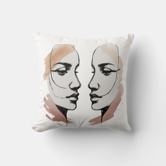 Two Abstract Faces One Line Pillow – Connection Th (Front)