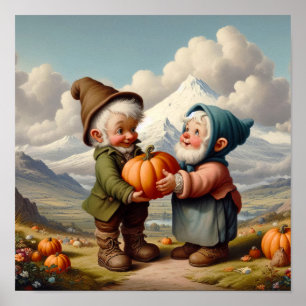 Two Adorable Adult Munchkins in a Pumpkin Patch Poster