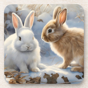 Two Adorable Bunny Rabbits Brown and White in Snow Coaster