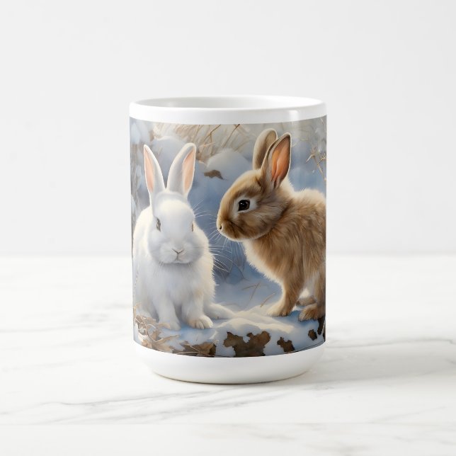Two Adorable Bunny Rabbits Brown and White in Snow Coffee Mug (Center)