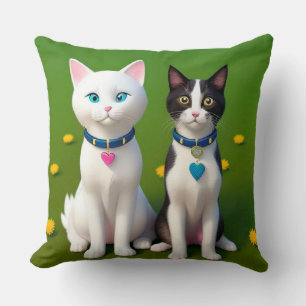 Two Adorable Cats Sitting on Grass Throw Pillow
