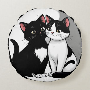 Two Adorable Cats Sitting Together Round Pillow