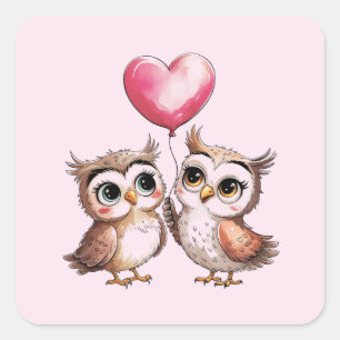 Two Adorable Owls with a Heart Balloon Square Sticker