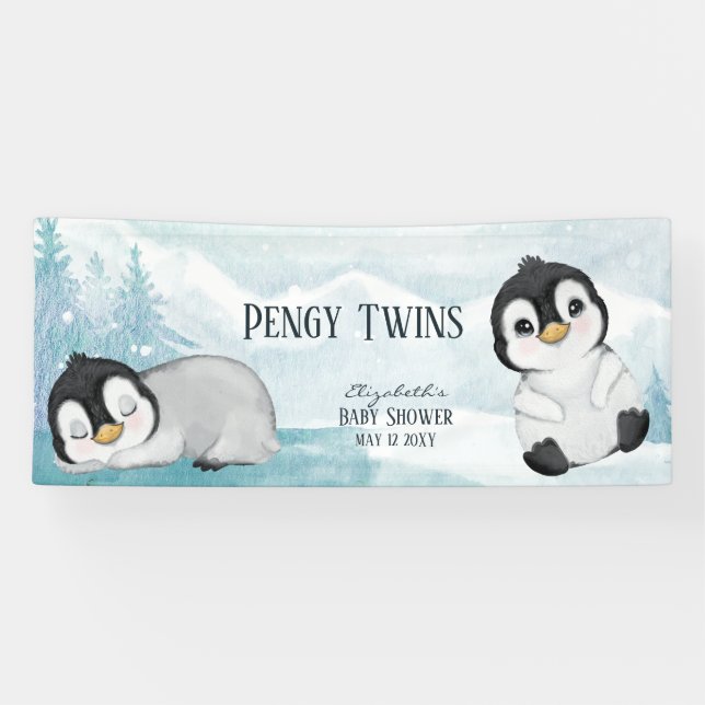 Two Adorable Penguins Illustration Baby Shower Banner (Horizontal)