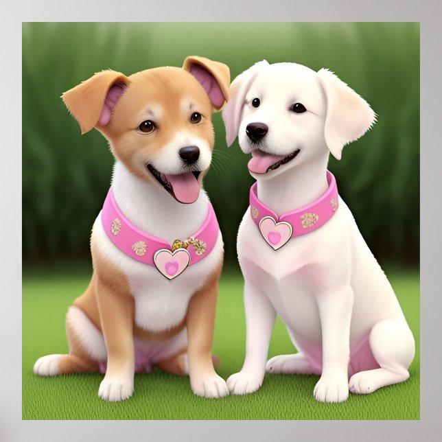 Two Adorable Puppies Sitting on Grass Poster (Front)