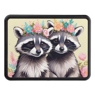 Two Adorable Racoons In Flower Crowns Trailer Hitch Cover