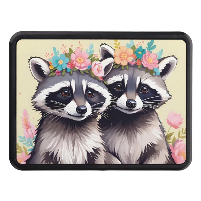 Two Adorable Racoons In Flower Crowns Trailer Hitch Cover (Front)
