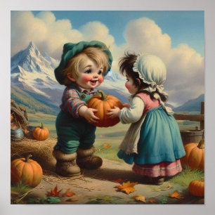 Two Adorable Vintage Munchkins in a Pumpkin Patch Poster