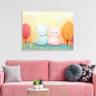 Two adorable woollen cats sitting together canvas print