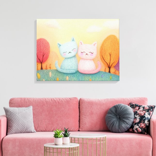 Two adorable woollen cats sitting together canvas print (Insitu(LivingRoom))