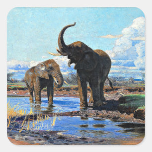 Two African Elephants at Watering Hole Square Sticker