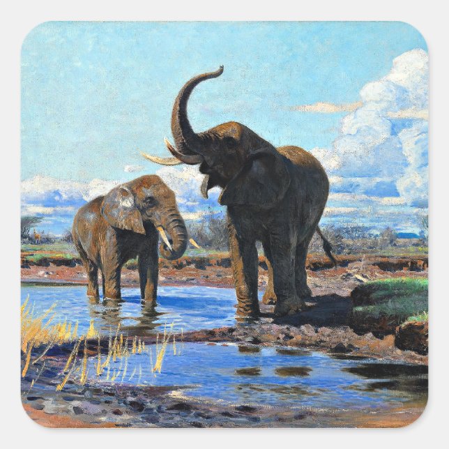 Two African Elephants at Watering Hole Square Sticker (Front)