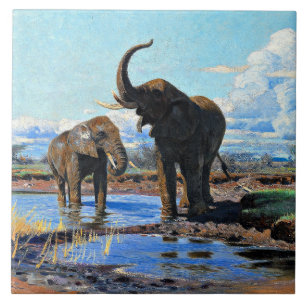Two African Elephants at Watering Hole Tile