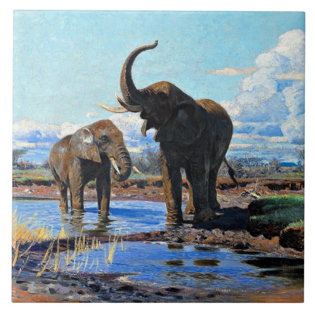 Two African Elephants at Watering Hole Tile (Front)