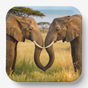Two African Elephants In Savannah Grass Paper Plate