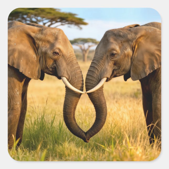 Two African Elephants In Savannah Grass Square Sticker (Front)